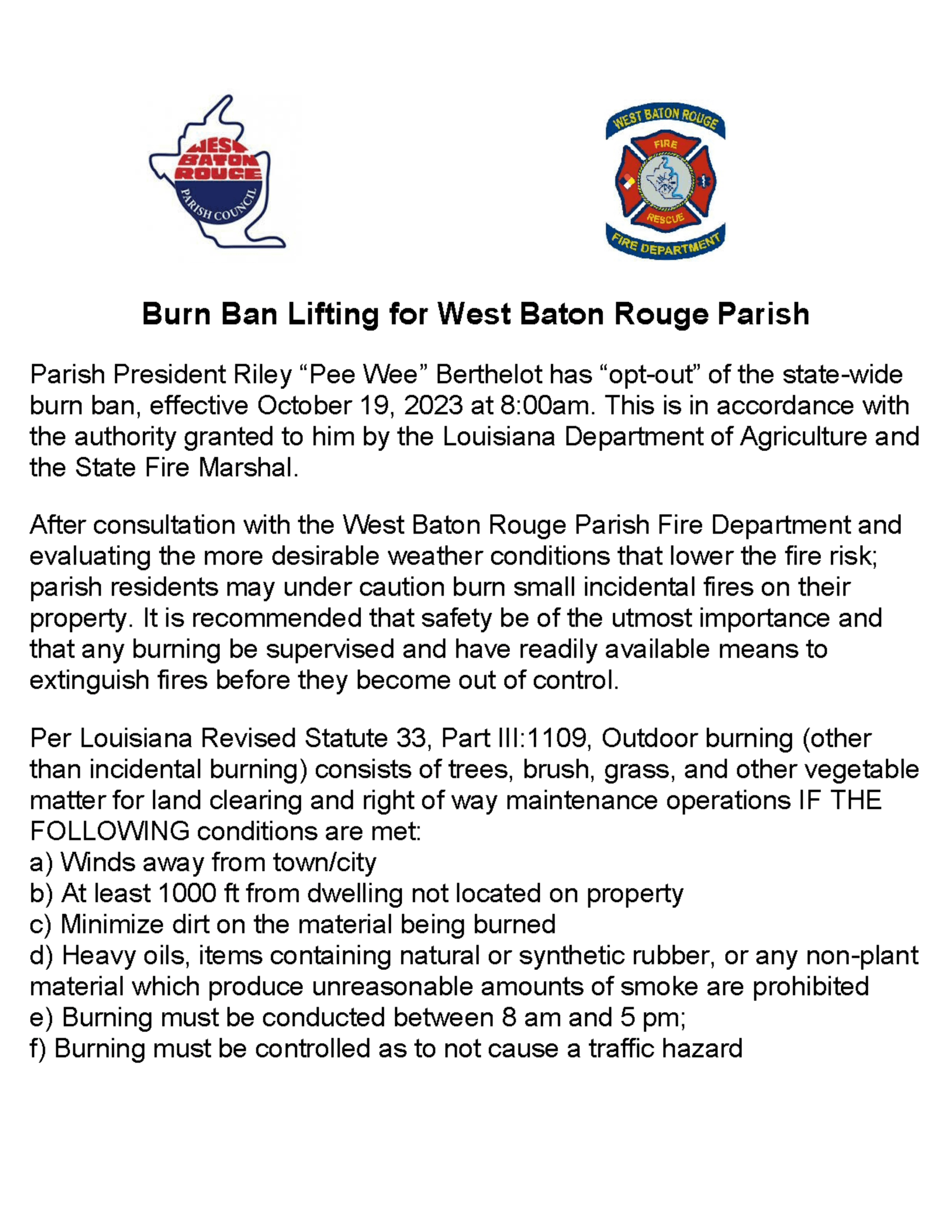 Burn Ban Update 10-18-2023
