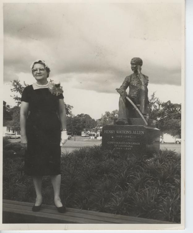 Angela Gregory in front of Allen Monument